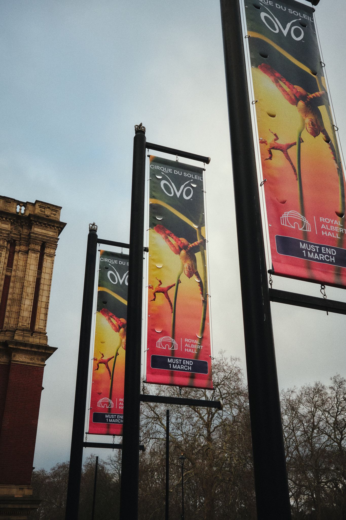 South Kensington Tall street banners advertising Cirque du Soleil OVO in vibrant colors (orange, yellow, green) hanging from black poles on a city street, with an ornate building façade and a cloudy sky in the background.