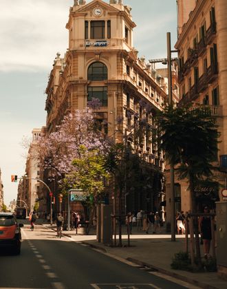 Historic building along a tree-lined street in central Barcelona.
