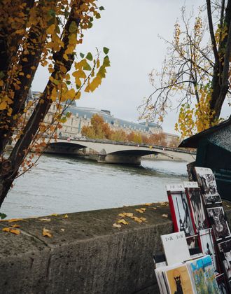Autumn view of the Seine in Paris, with a stone bridge, tree-lined riverbanks in golden foliage, and a display of books and posters in the foreground.